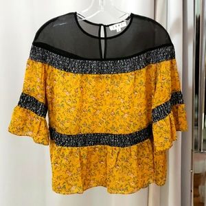 THML Mustard and Black Floral Blouse